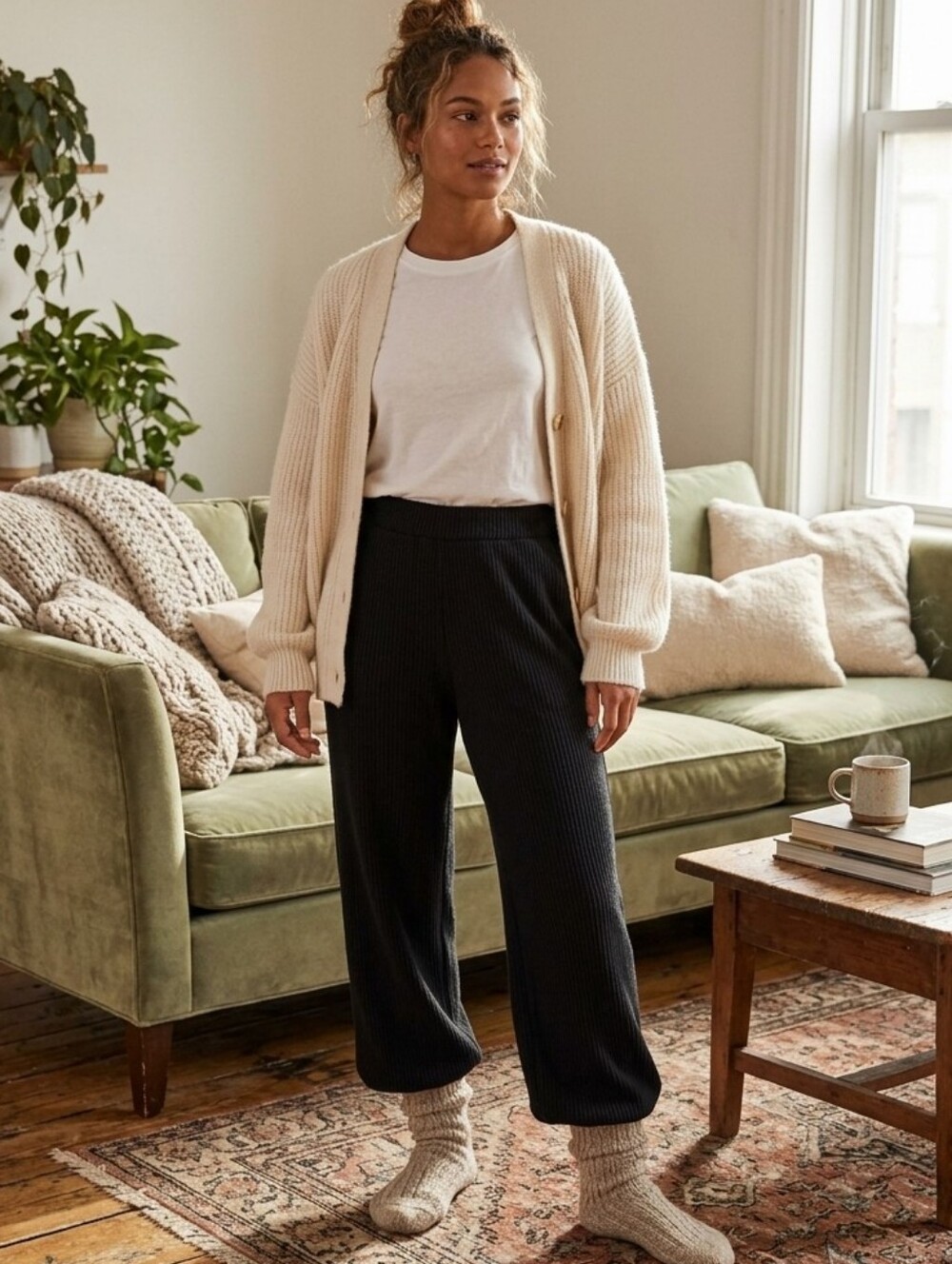 Black Ribbed Fleece-Lined Sweatpants